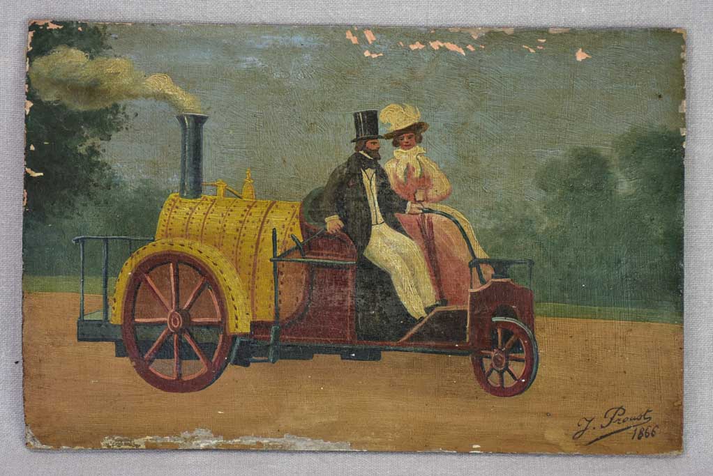 Antique French painting of a couple in a nineteenth-century car 9" x 13¾"