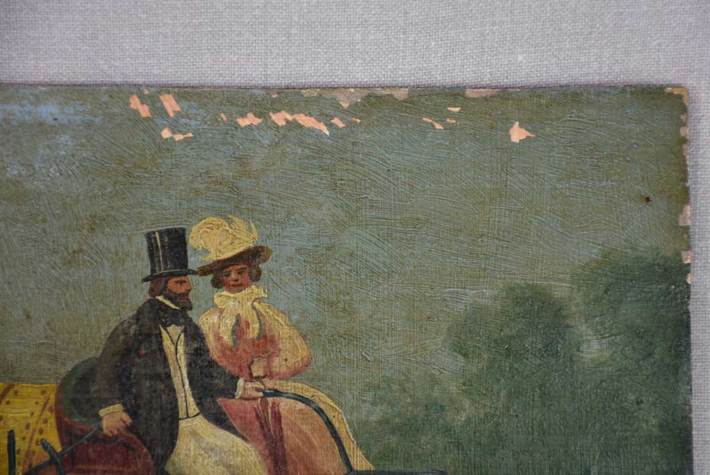 Antique French painting of a couple in a nineteenth-century car 9" x 13¾"