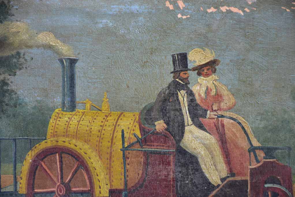 Antique French painting of a couple in a nineteenth-century car 9" x 13¾"