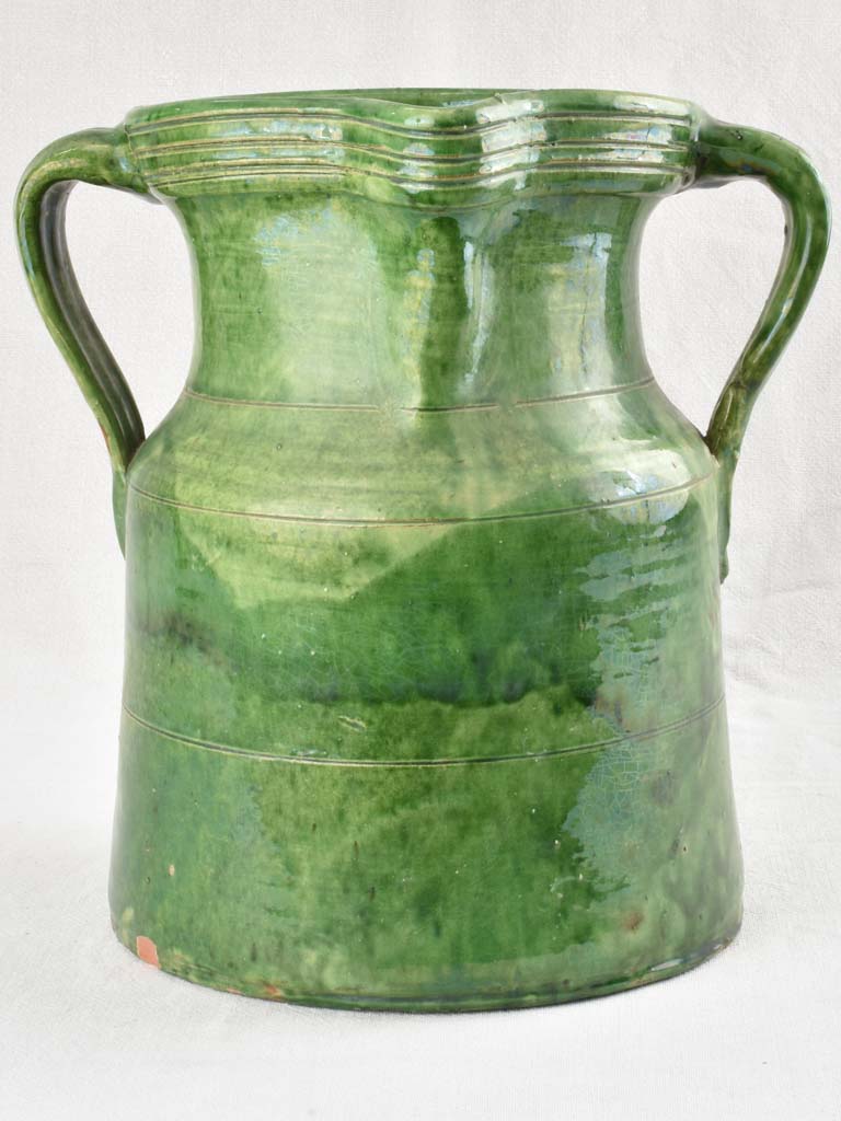 Large green antique French pot with & 2 handles 14¼"