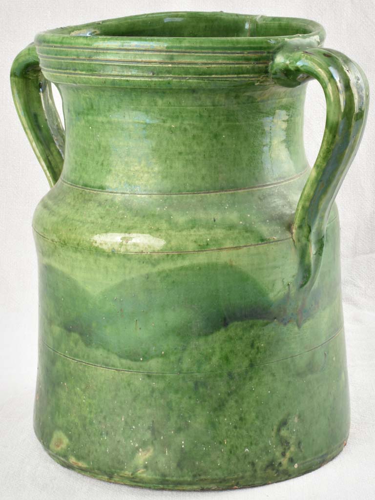 Large green antique French pot with & 2 handles 14¼"