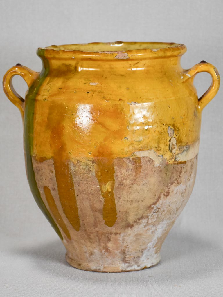 Large antique French confit pot with yellow glaze and a splash of green 10¼"