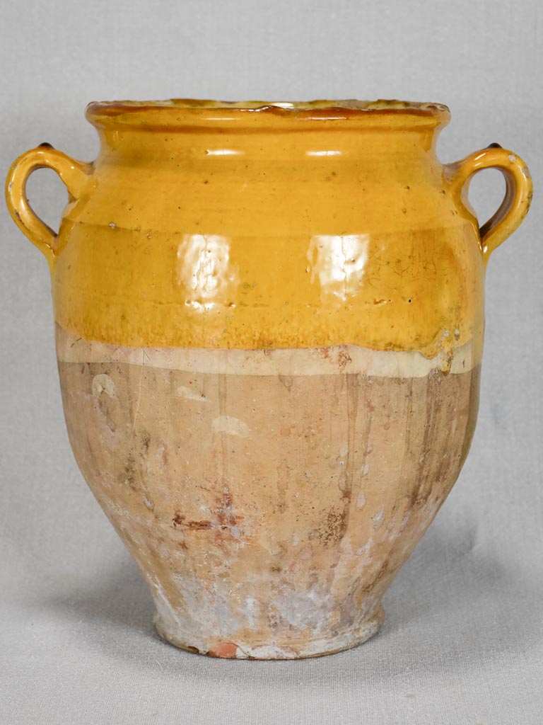 Large antique French confit pot with yellow glaze and a splash of green 10¼"