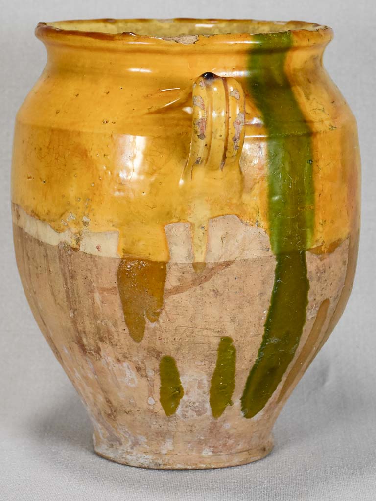 Large antique French confit pot with yellow glaze and a splash of green 10¼"