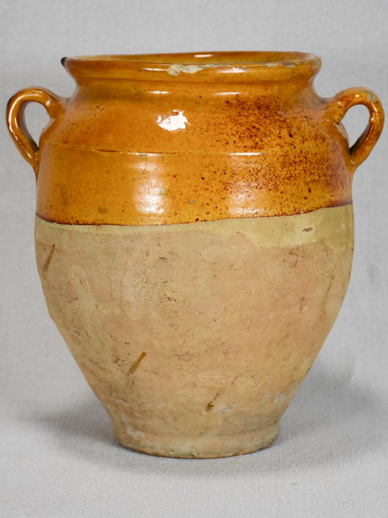 Medium antique French confit pot with yellow-orange glaze 9¾"