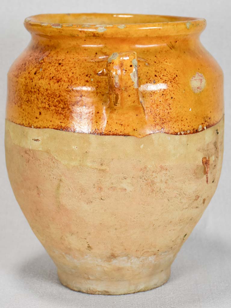 Medium antique French confit pot with yellow-orange glaze 9¾"