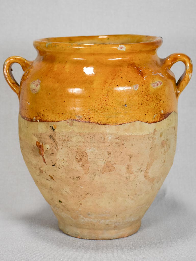 Medium antique French confit pot with yellow-orange glaze 9¾"