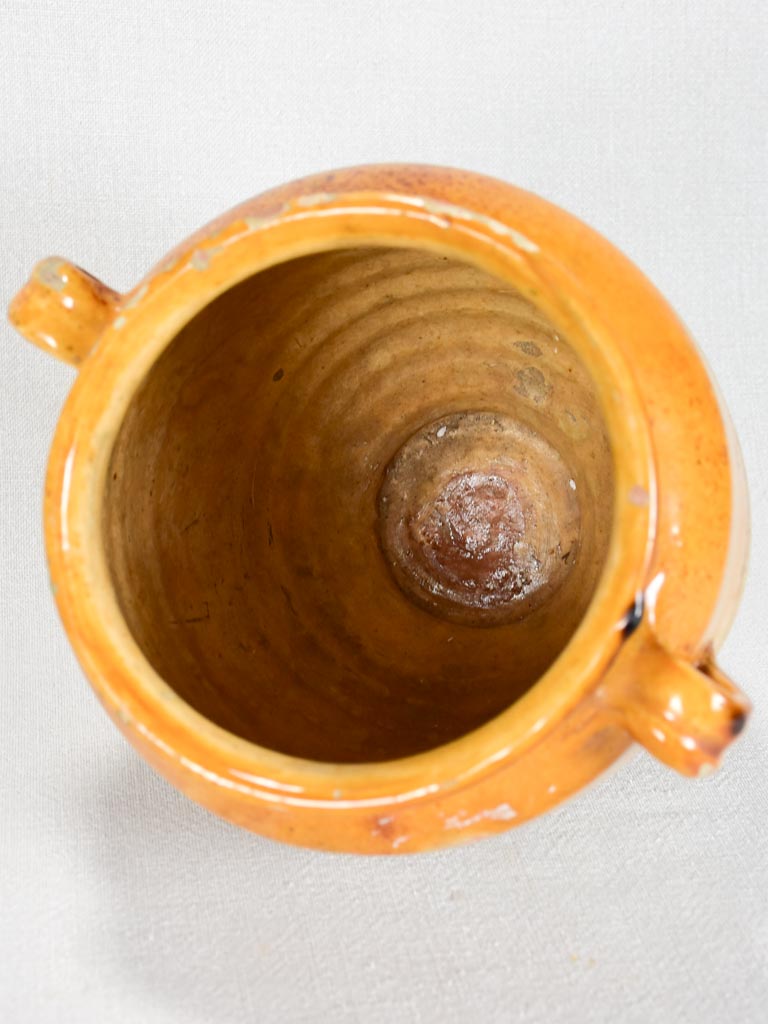 Medium antique French confit pot with yellow-orange glaze 9¾"
