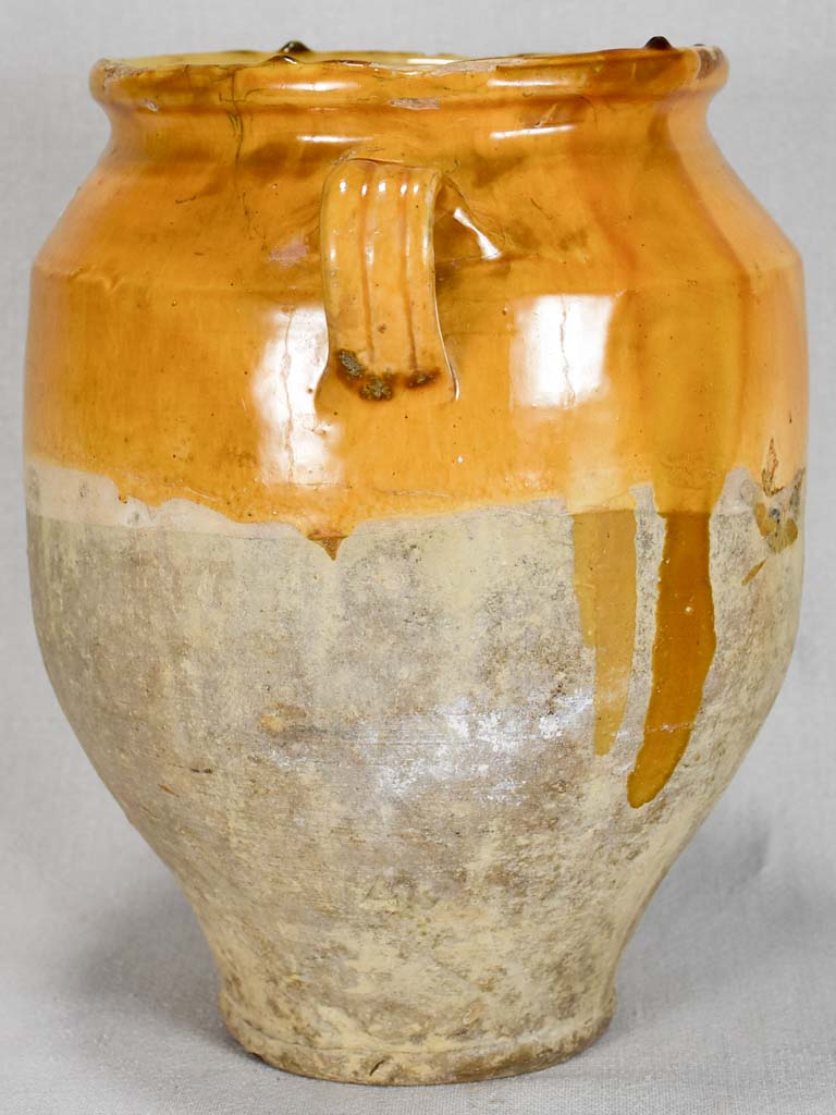 Large antique French confit pot with yellow-orange glaze 12¼"