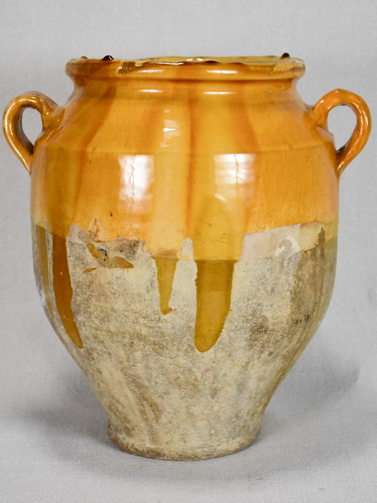 Large antique French confit pot with yellow-orange glaze 12¼"