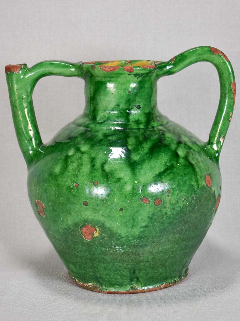 Antique French water cruche with green glaze 10¾"