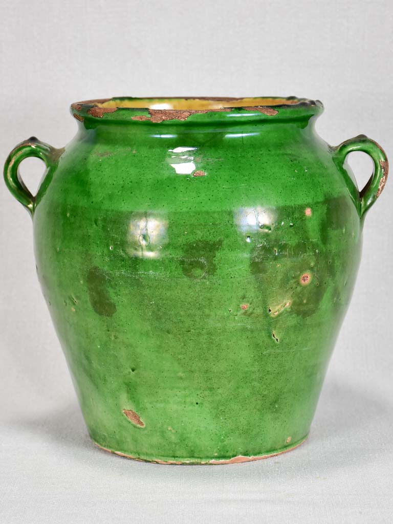Antique French confit pot with green glaze 10¾"