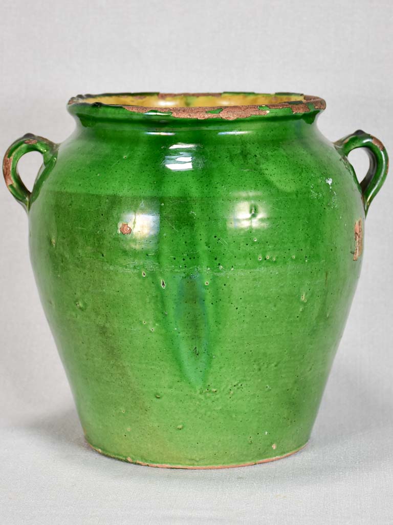 Antique French confit pot with green glaze 10¾"
