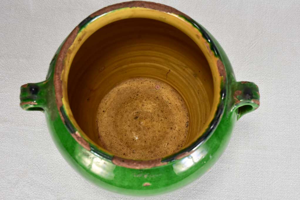 Antique French confit pot with green glaze 10¾"