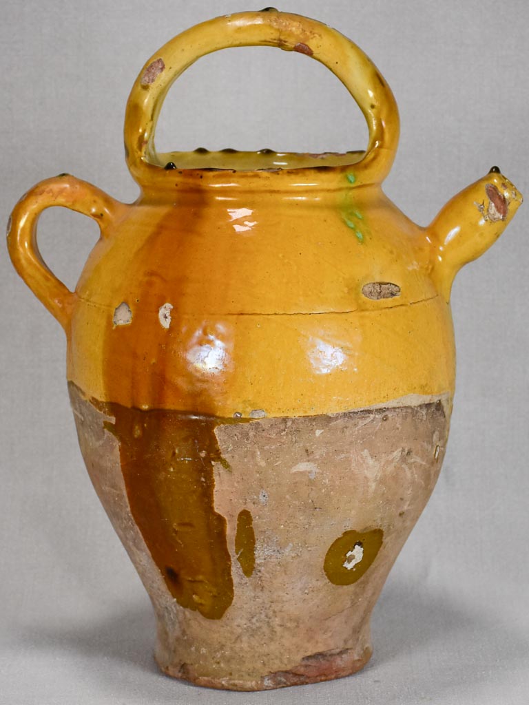 Large French water jug gargoulette with yellow-orange glaze 17¾"