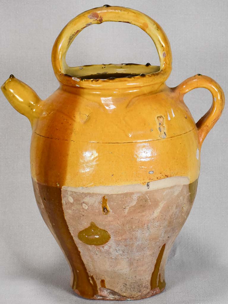 Large French water jug gargoulette with yellow-orange glaze 17¾"