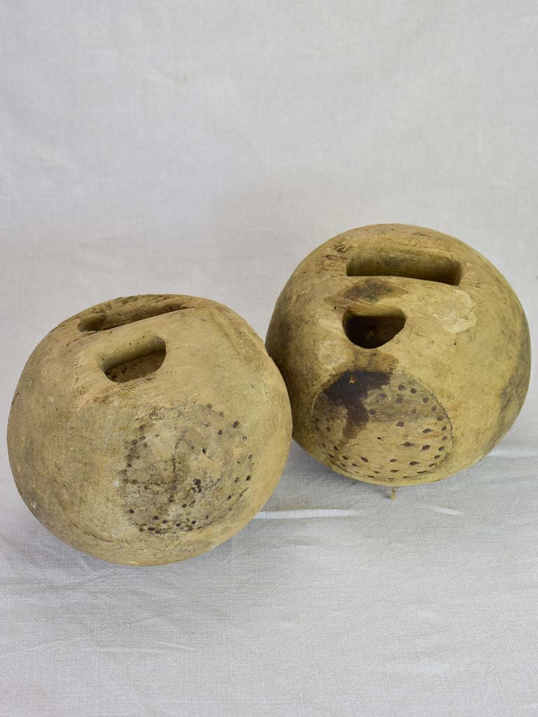 Pair of antique French wooden bowling balls 9"