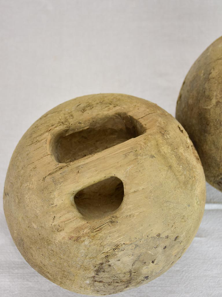 Pair of antique French wooden bowling balls 9"