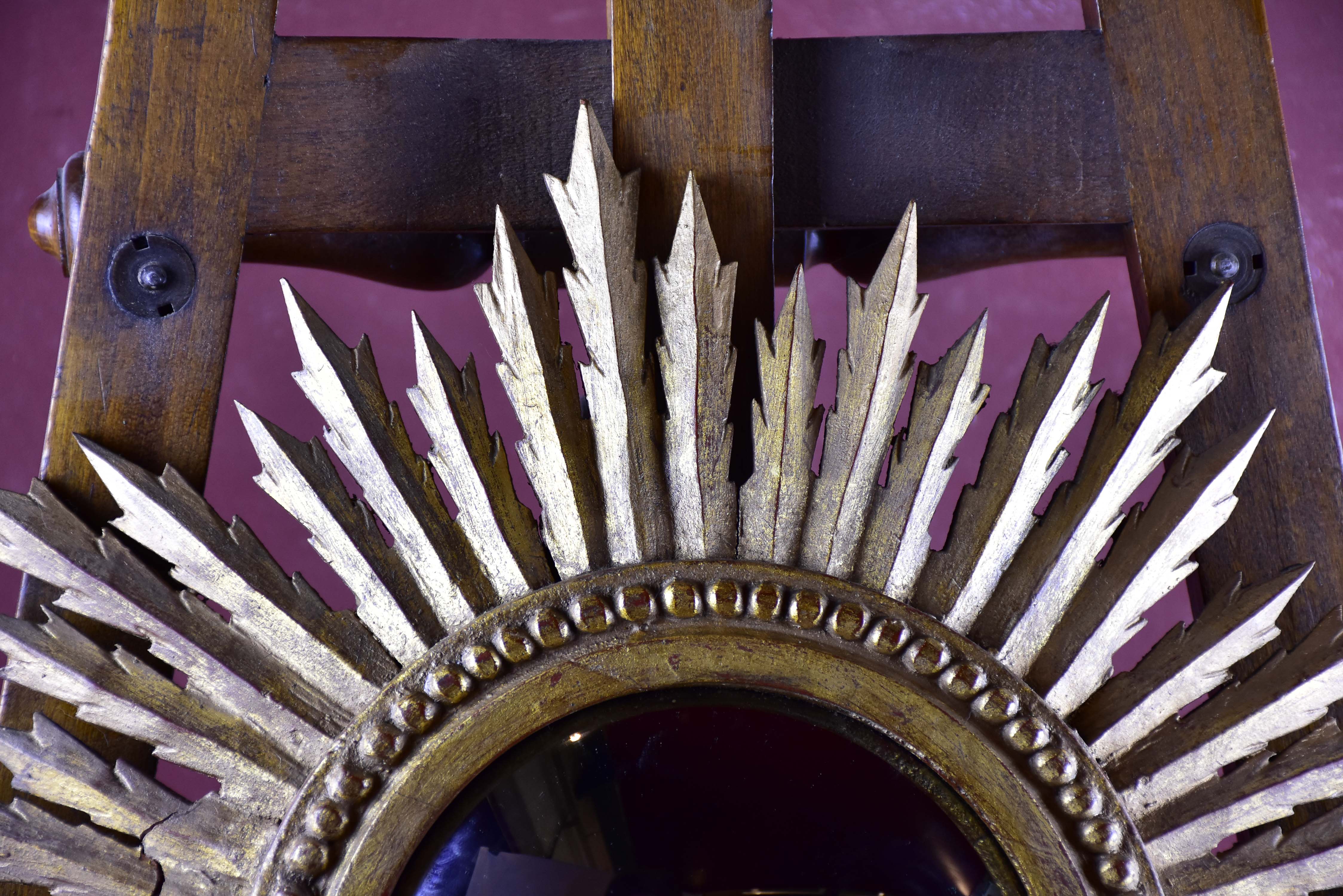 Antique French sunburst mirror with wooden frame