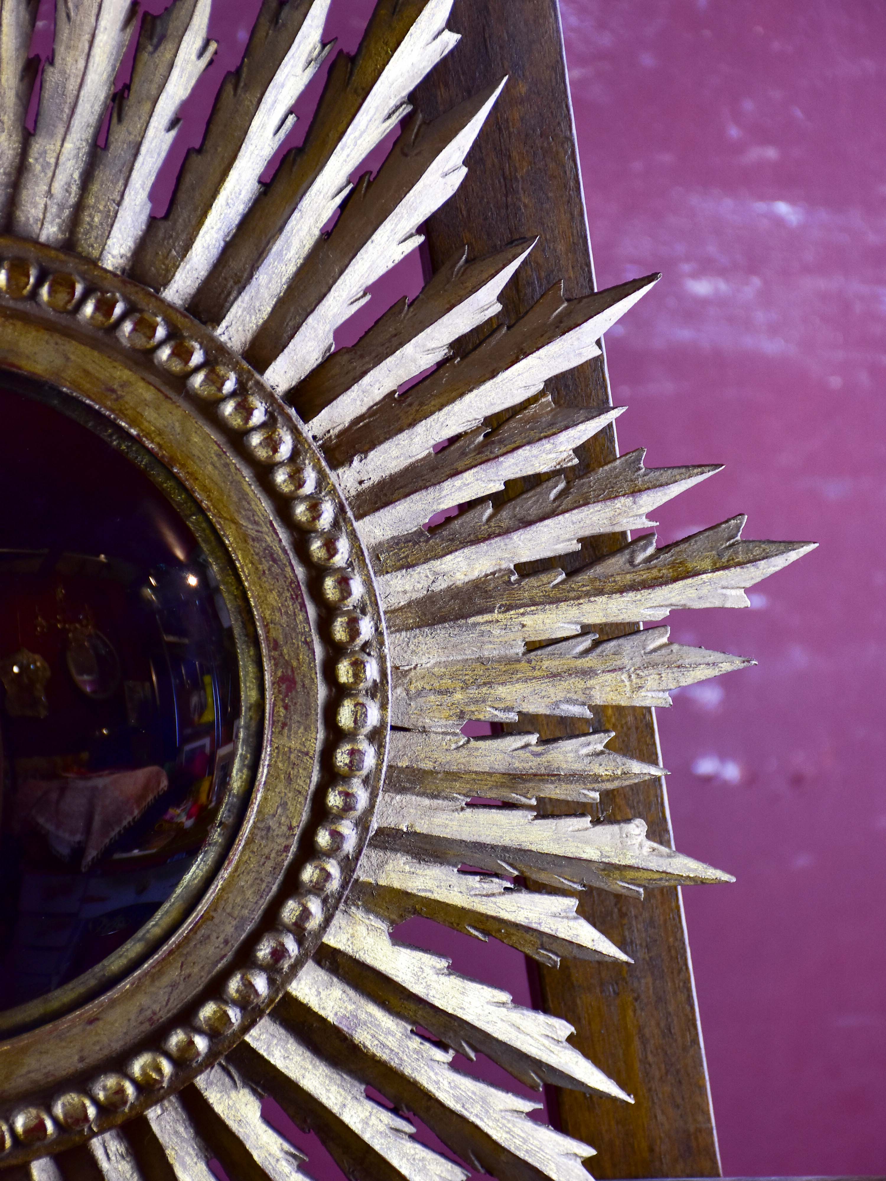 Antique French sunburst mirror with wooden frame