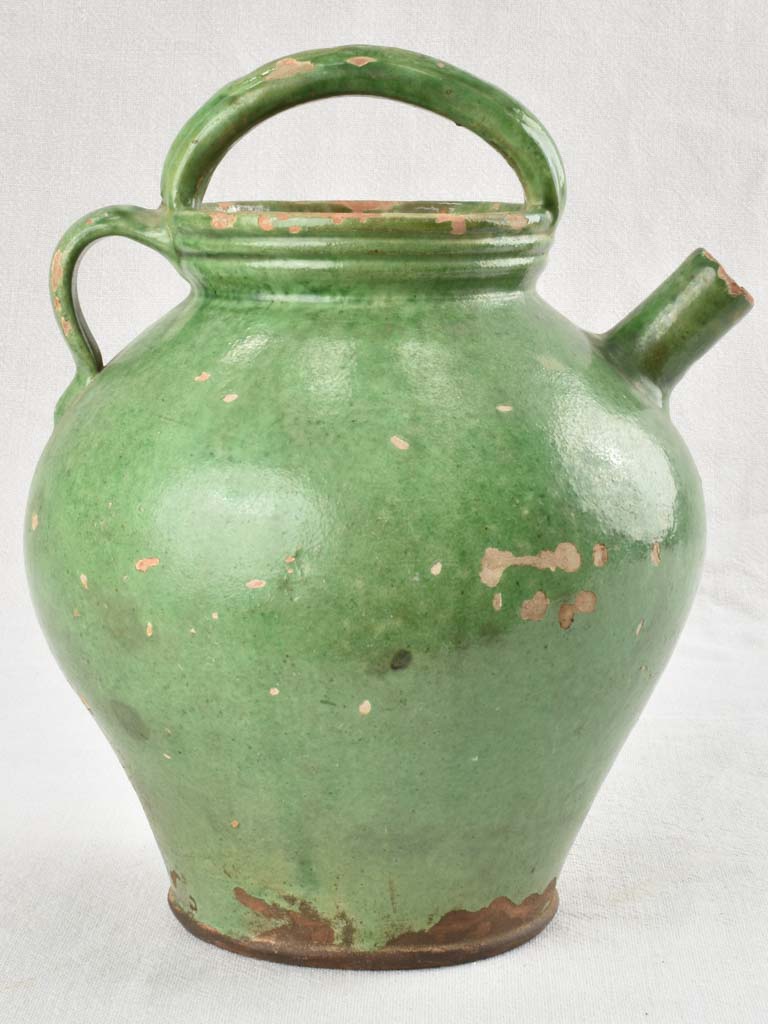 Antique French water pitcher with green glaze 11¾"