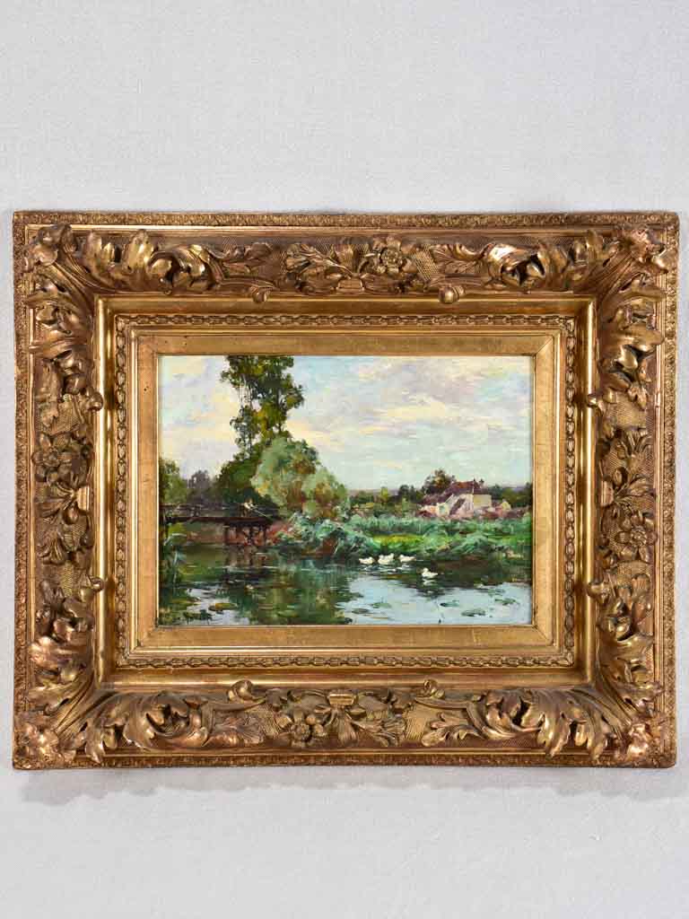 Antique French landscape scene - fishing from a bridge with white ducks 18½" x 22"
