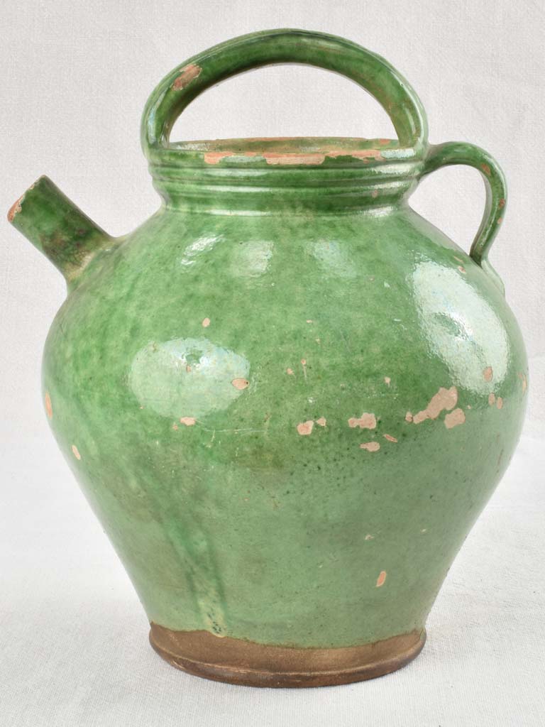 Antique French water pitcher with green glaze 11¾"