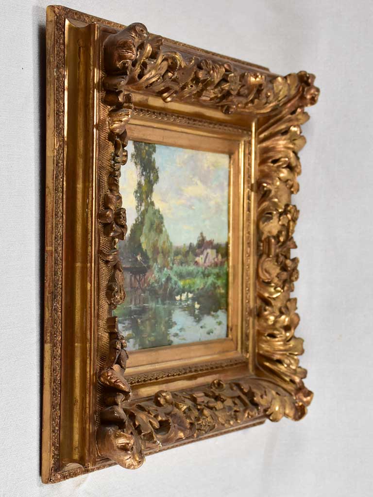 Antique French landscape scene - fishing from a bridge with white ducks 18½" x 22"
