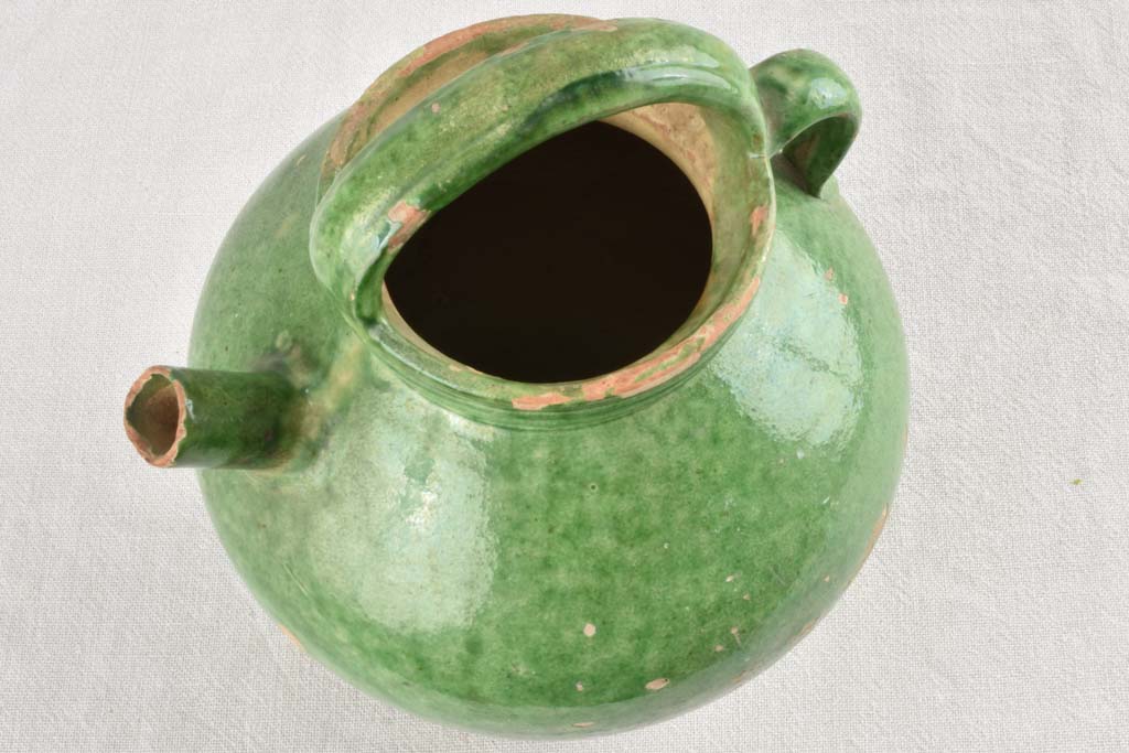 Antique French water pitcher with green glaze 11¾"