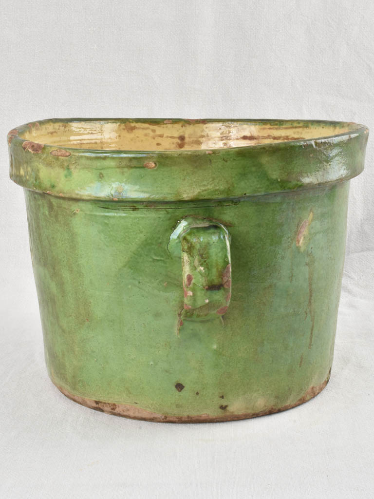 Green & yellow cache-pot / fish pot with 2 handles