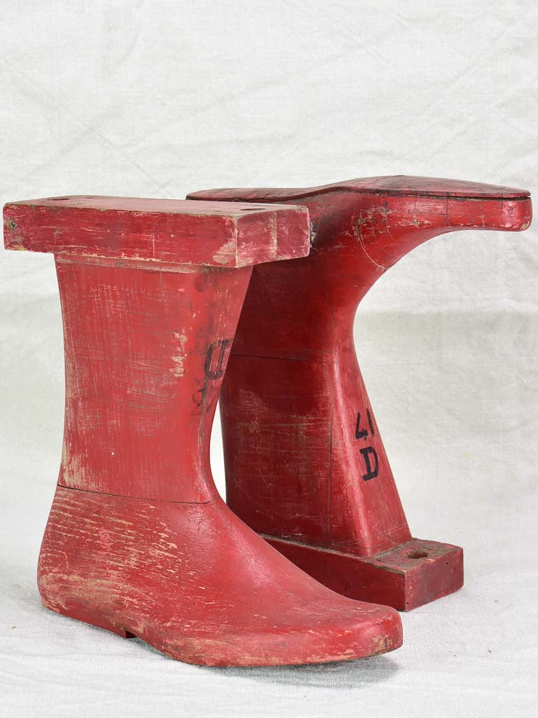 Antique French wooden boot molds - red