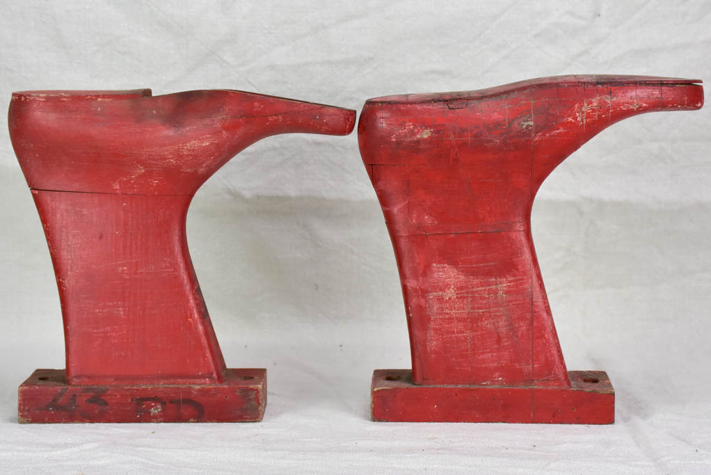 Antique French wooden boot molds - red