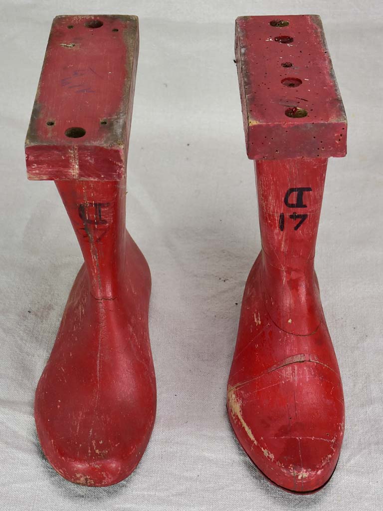 Antique French wooden boot molds - red