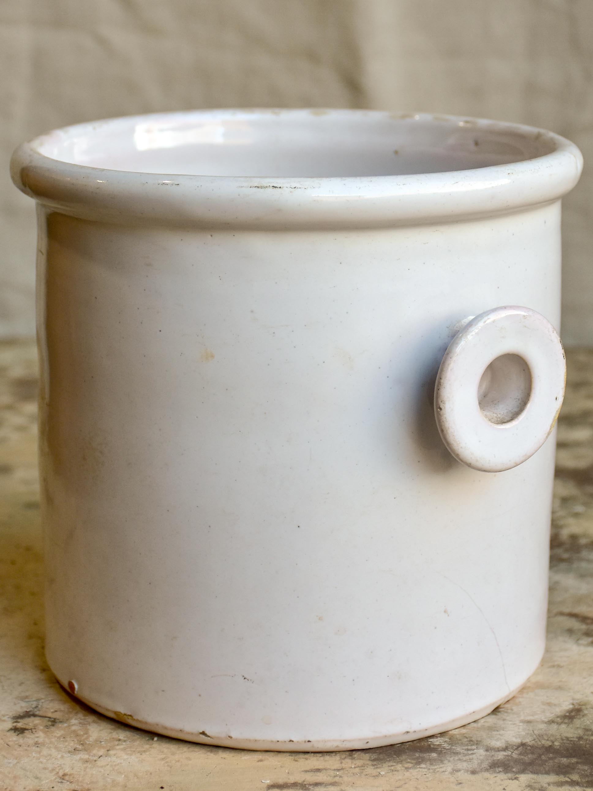 Antique French preserving pot with two handles and white glaze