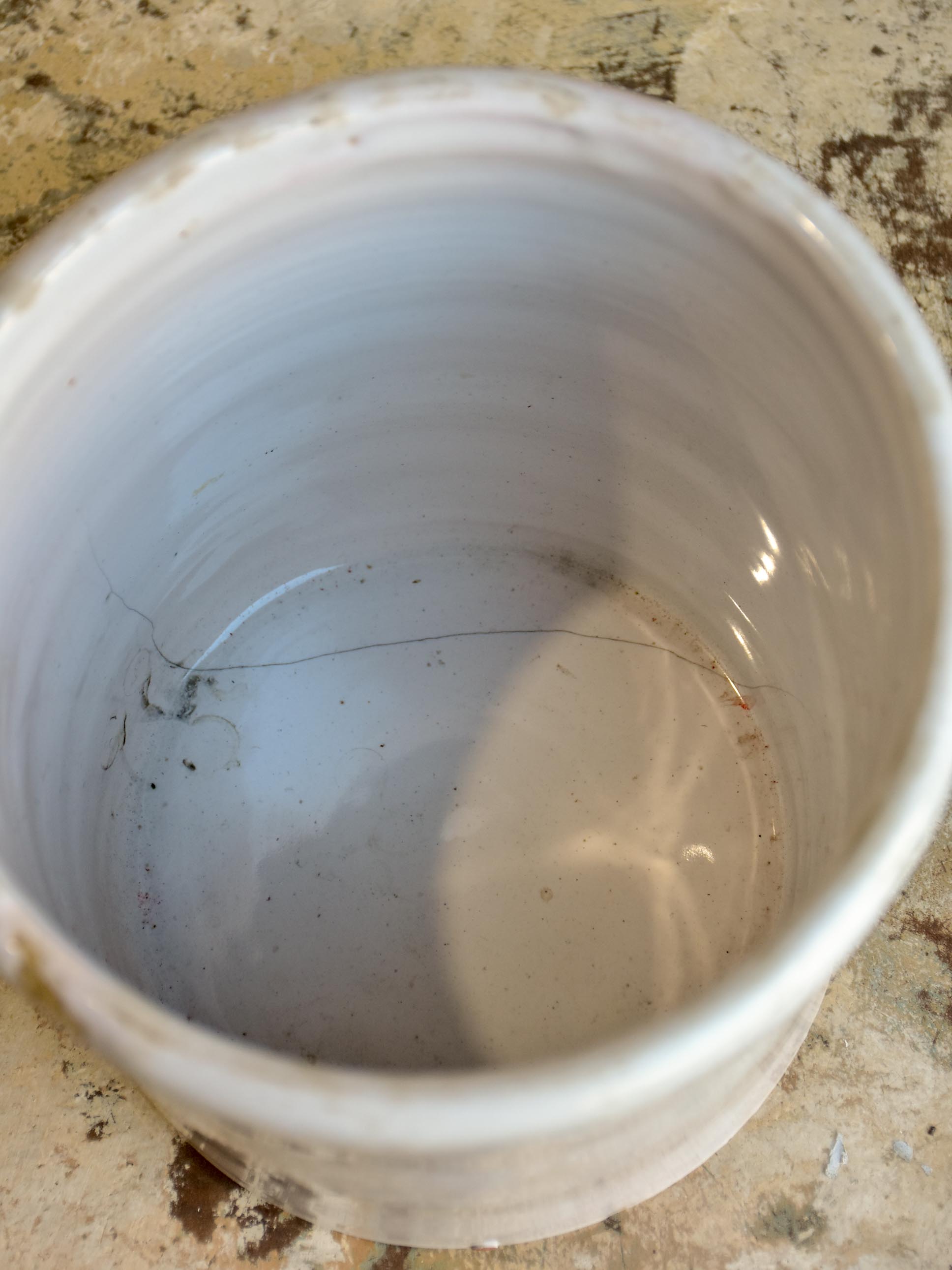 Antique French preserving pot with two handles and white glaze