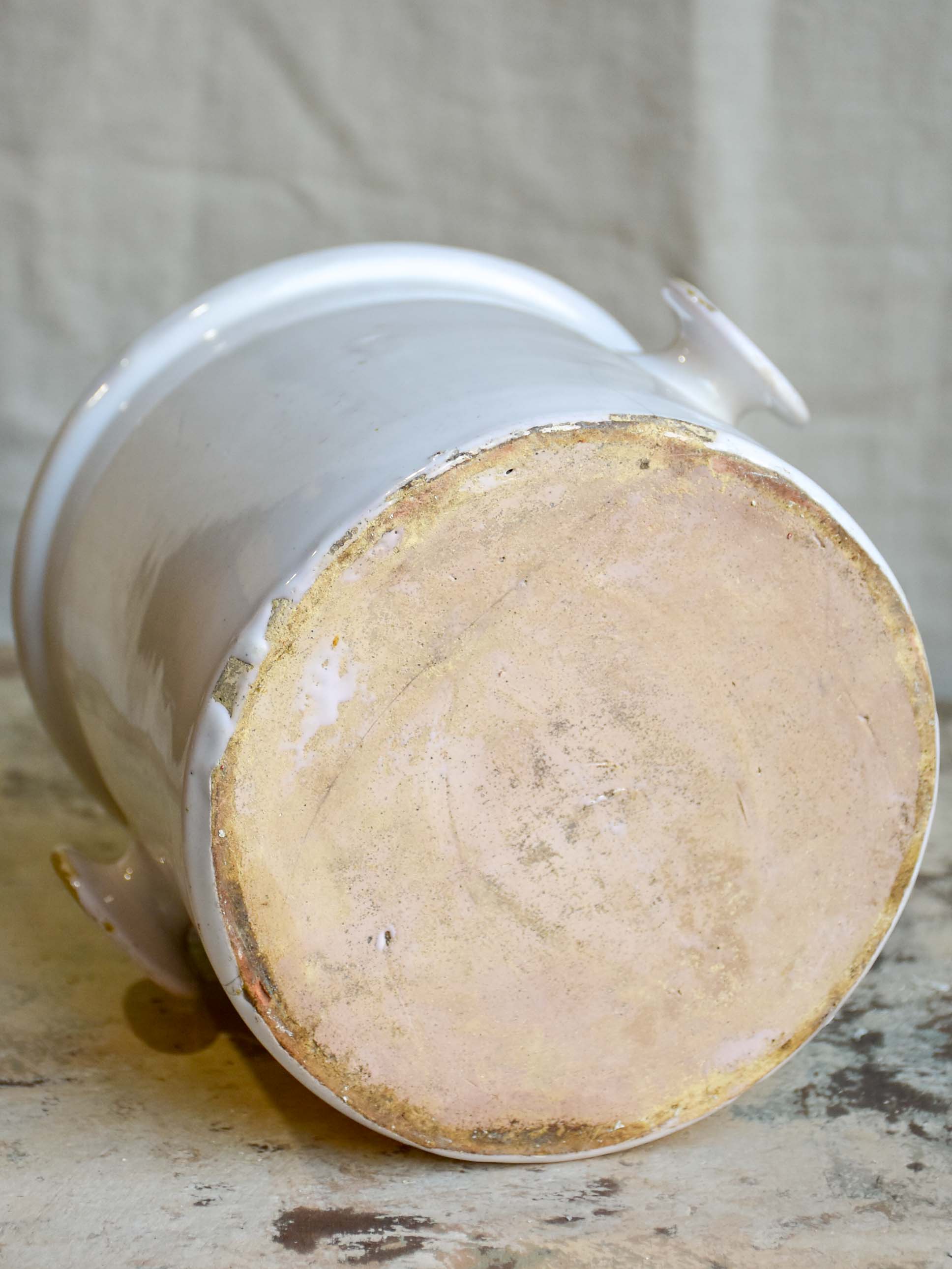 Antique French preserving pot with two handles and white glaze