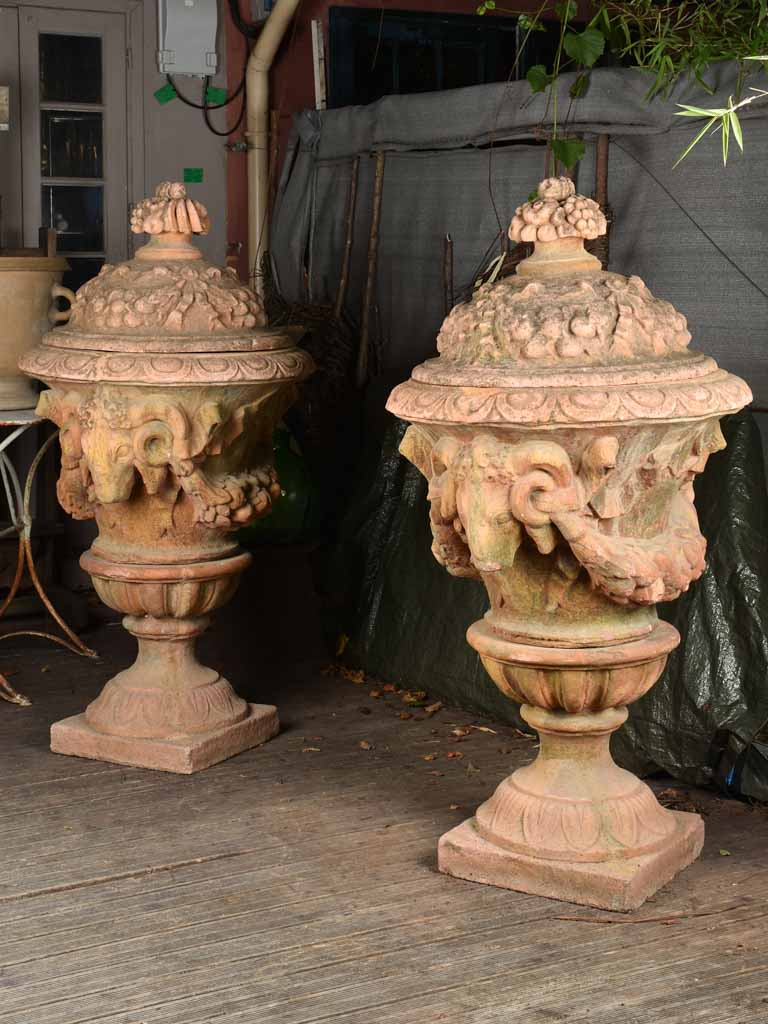 Extra-Large Pair Of Medici Urns w/ ram's heads 56"
