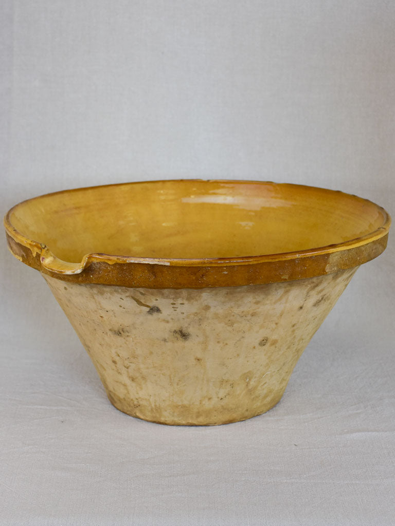 Large antique French tian bowl with yellow glaze 19¼"