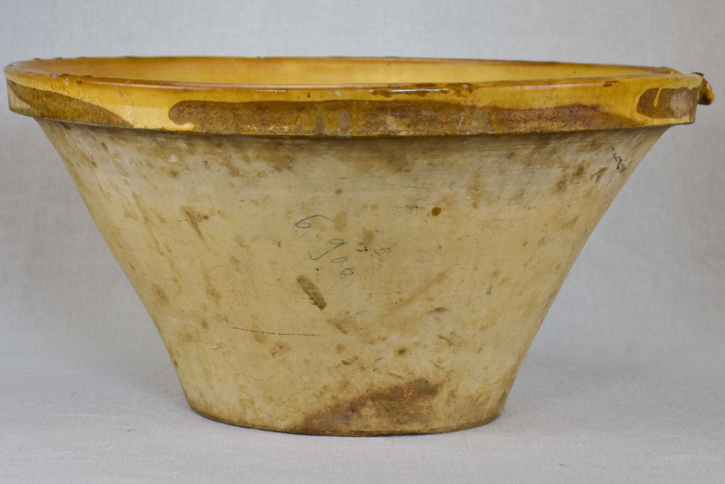 Large antique French tian bowl with yellow glaze 19¼"