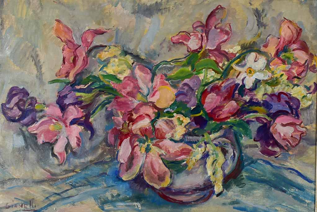 1950s still life of fatigued tulips signed Gianelli 27¼" x 36½"