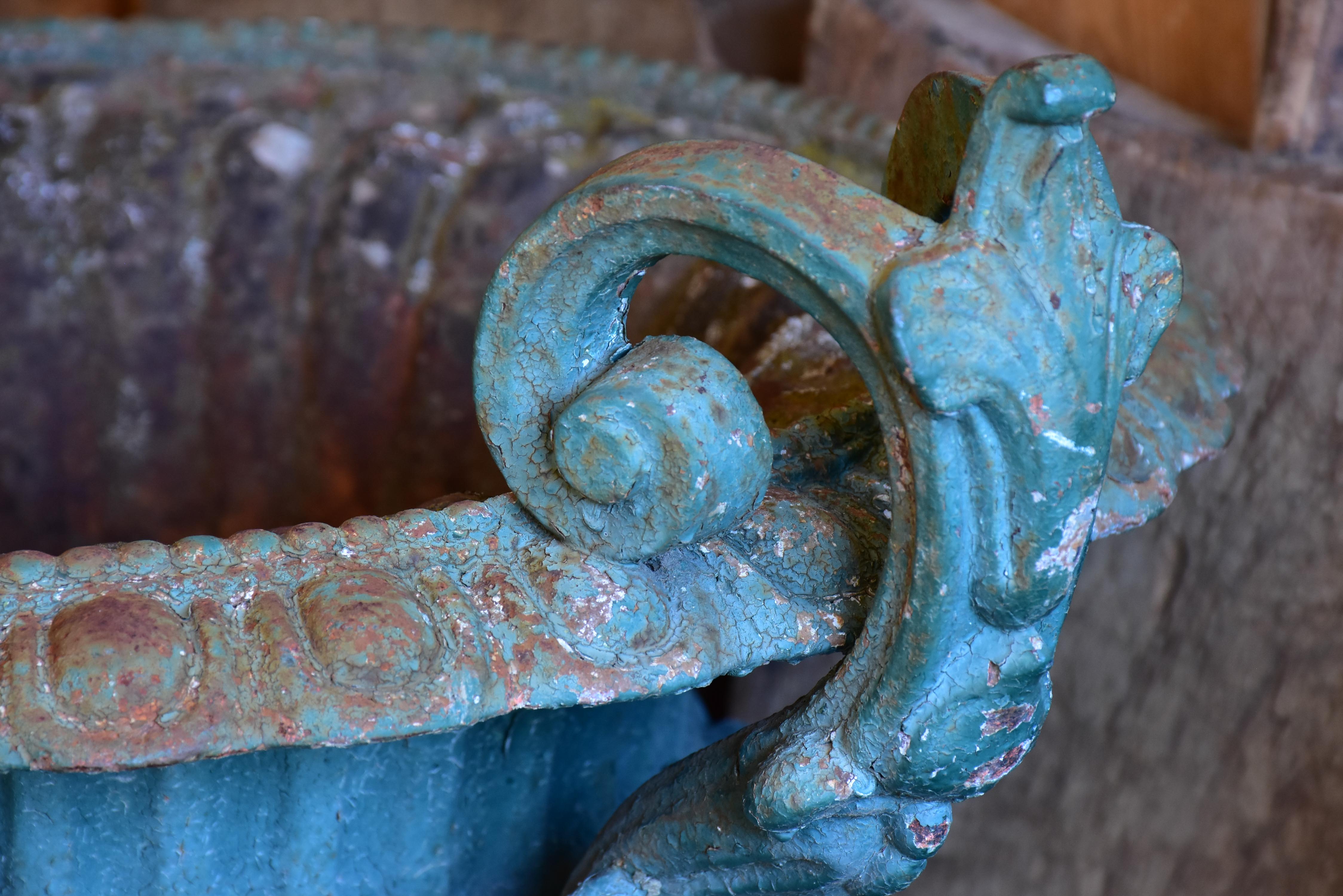 Late 19th century Chambord garden urn with green patina and decorative handles