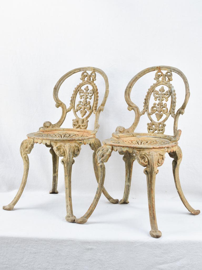 Pair of cast iron children's garden chairs - verdigris patina