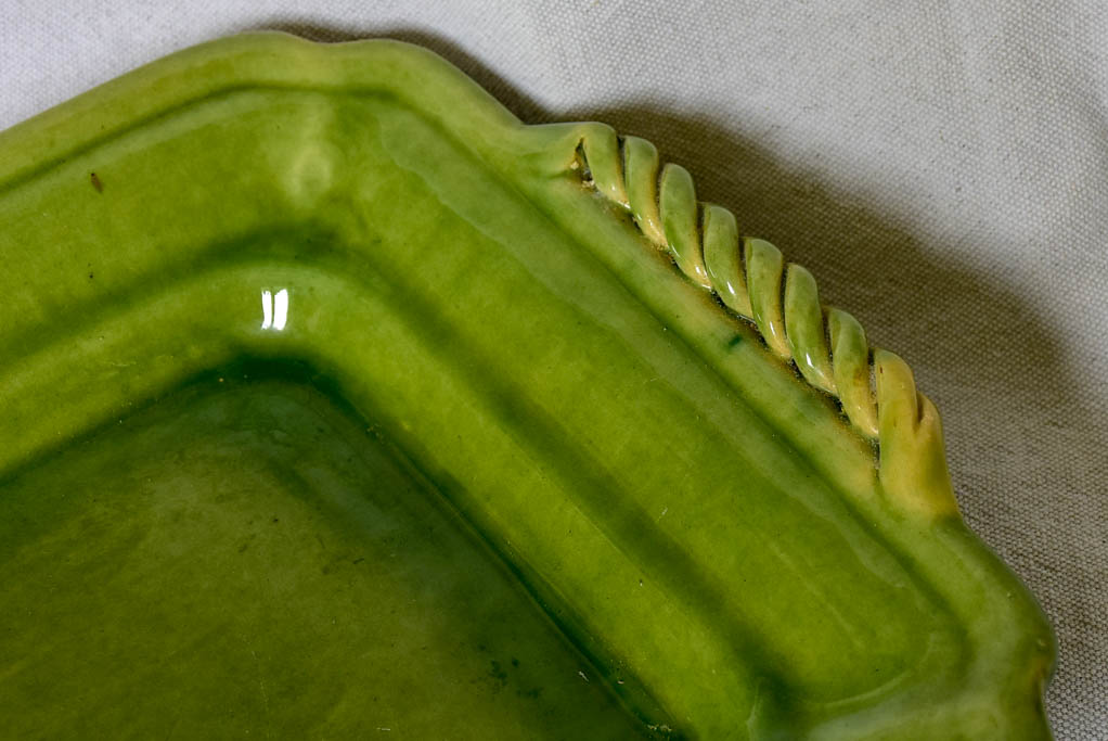 Rectangular Biot platter with green glaze and twisted handles - 1940's 15" x 9½"