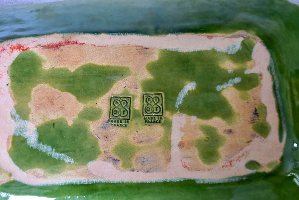 Rectangular Biot platter with green glaze and twisted handles - 1940's 15" x 9½"
