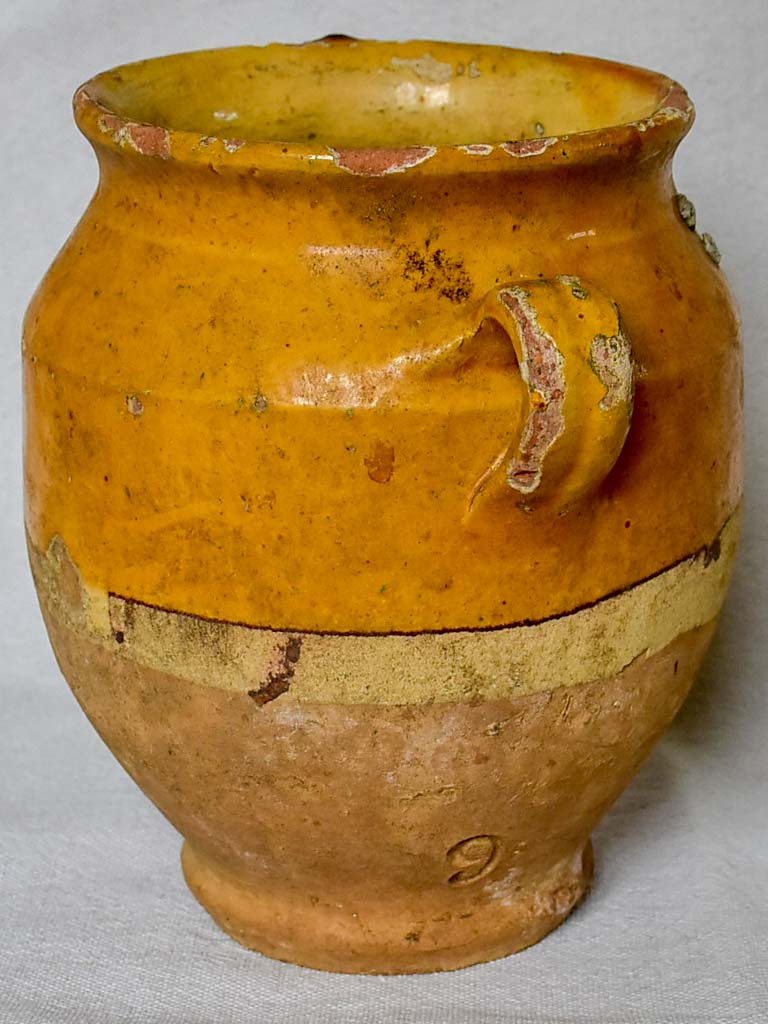 Small antique French confit pot with ocher glaze 6¼"