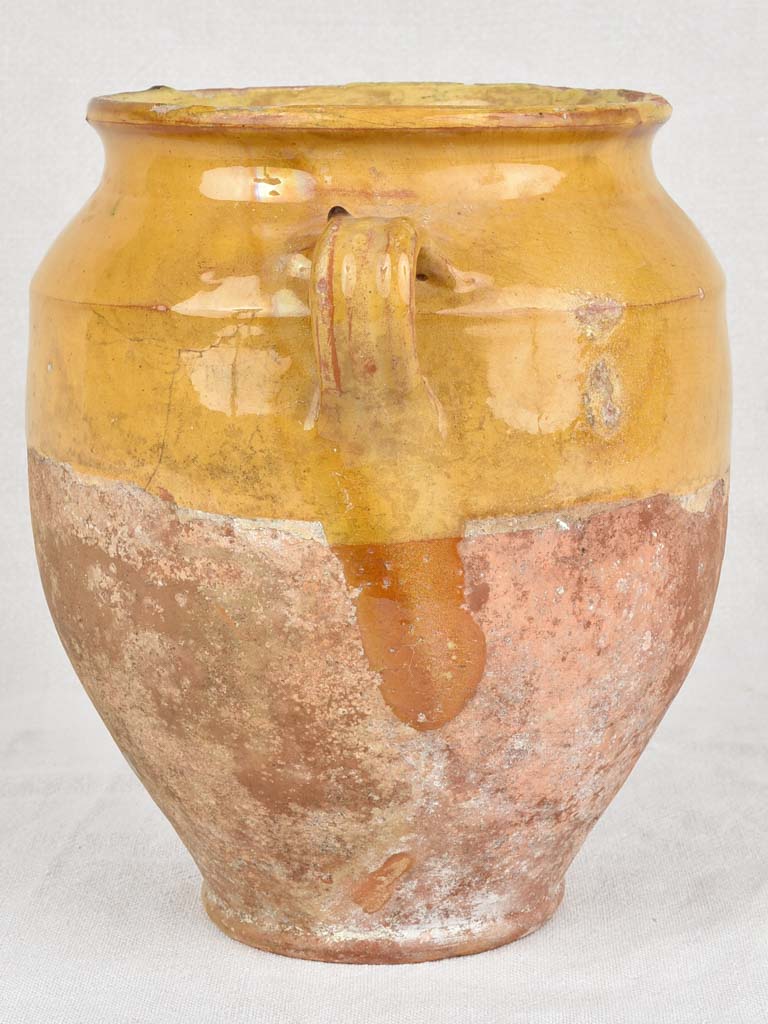 Antique French confit pot with yellow glaze 11"