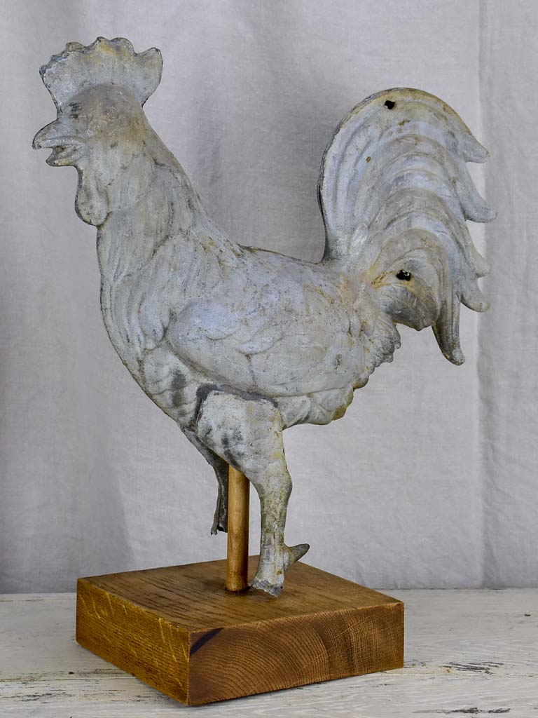 Antique French rooster from a bell tower / weathervane mounted on a wooden base