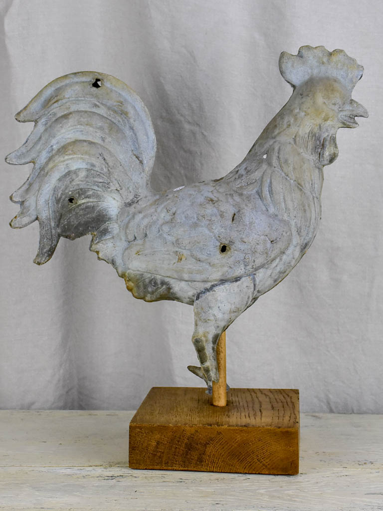 Antique French rooster from a bell tower / weathervane mounted on a wooden base