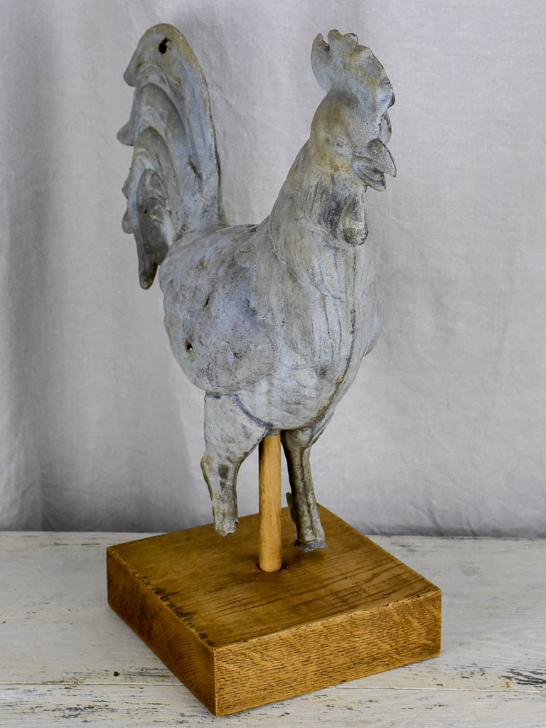 Antique French rooster from a bell tower / weathervane mounted on a wooden base