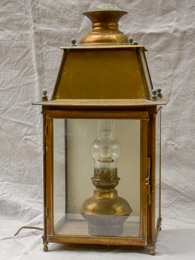 19th Century French wall sconce lantern with original oil lamp fitting - yellow copper 21¼"